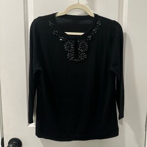Talbots Black 100% Pure Merino Wool Black Sweater Gemstones 3/4 Sz Petite M